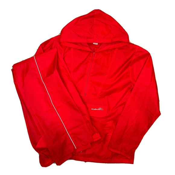 Vintage Windbreaker Windsuit SMALL Nylon 1/4 Zip Hoodie Pants Red White Stripe - Picture 1 of 13